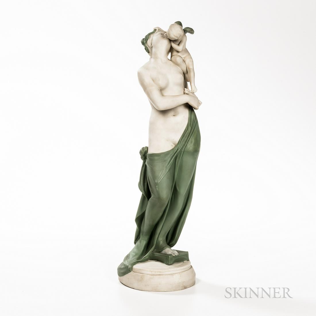 Wedgwood Celadon Stained Carrara Figure of Eros and: Wedgwood Celadon Stained Carrara Figure of Eros and Euphrosyne, England, mid-19th century, after Thomas Woolner, modeled as a standing classical figure kissing a cherub, mounted atop a circular plinth