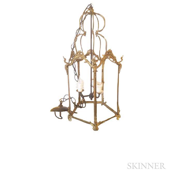 Louis XVI-style Gilt-bronze Lantern: Louis XVI-style Gilt-bronze Lantern, France, c. 1890, pentagonal shape with foliate crests and corners, ht. 27, dia. 12 in. Provenance: Charles Spada Collection.