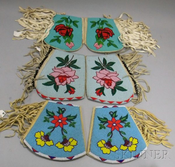 Three Pair's Native American Floral Beaded Gauntlet: Three Pair's Native American Floral Beaded Gauntlet Cuffs. Provenance: Historic Lammers Trading Post, established 1917 in Hardin, Montana.