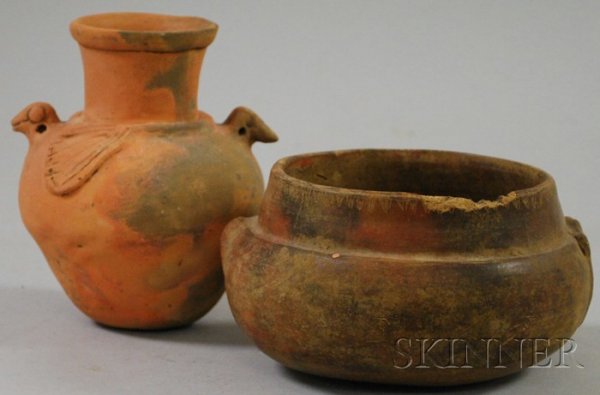 Two Pre-Columbian Bowls, Costa Rica, monochrome bo: Two Pre-Columbian Bowls, Costa Rica, monochrome bowl with human face, and a bird effigy vessel (probably Honduras).