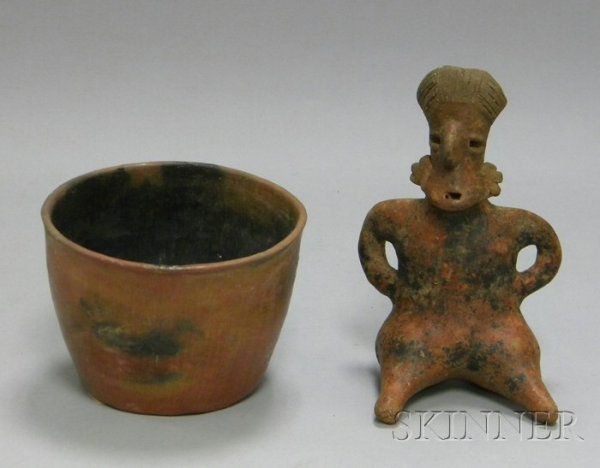 Two Pre-Columbian Redware Items, a Pre-Columbian b: Two Pre-Columbian Redware Items, a Pre-Columbian beaker, and a North American redware figure, ht. to 8 in.