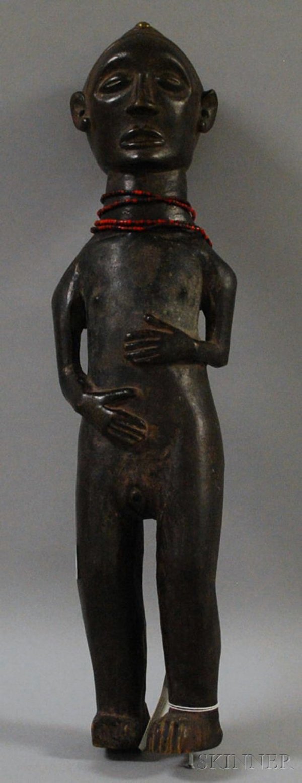 Carved Standing African Female Figure, Suku or Su: Carved Standing African Female Figure, Suku or Suku-style, with beaded necklace, ht. 23 in.