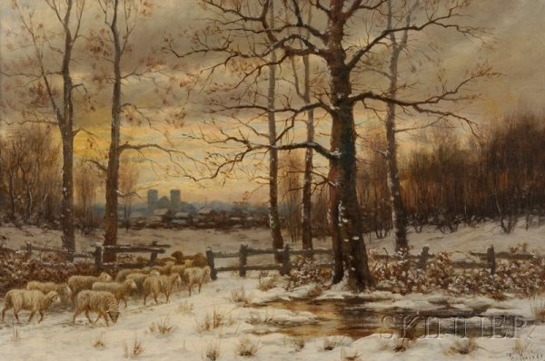 Continental School, 19th/20th Century, View with F: Continental School, 19th/20th Century View with Flock of Sheep at Dusk Signed "C. Kulver." l.r. Oil on canvas, 12 x 18 in. (30.5 x 45.7 cm), framed. Condition: Patch reinforcement, craquelure, retouch