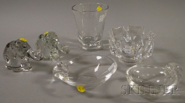 Six Pieces of Art Glass, including two small Steub: Six Pieces of Art Glass, including two small Steuben bowls, an Orrefors bowl, an Orrefors vase, and a pair of elephants, ht. to 6 1/4 in.