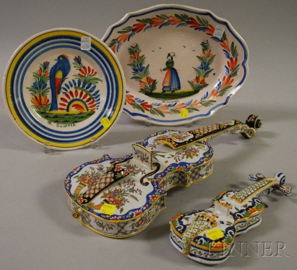 Four European Ceramic Decorative Items, a Quimper : Four European Ceramic Decorative Items, a Quimper plate and platter, and two ceramic violins, (one tuning peg broken but present on larger violin).