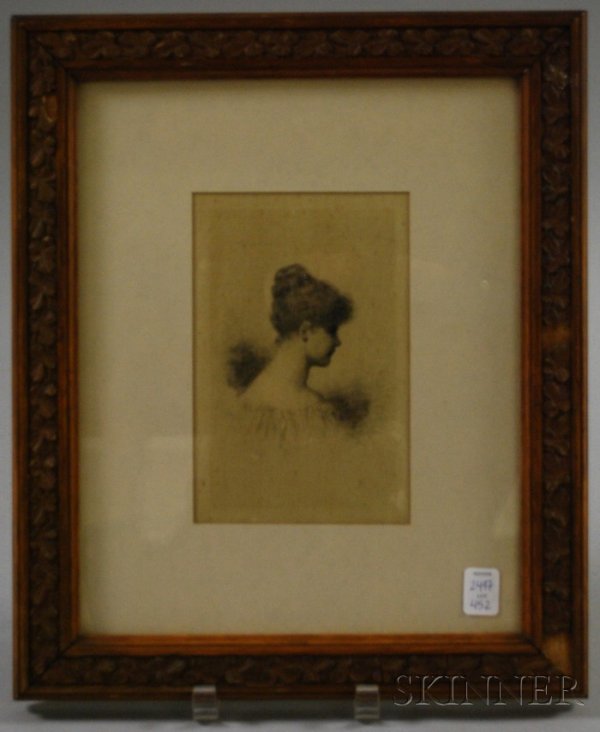 James Wells Champney (American, 1843-1903) Profile: James Wells Champney (American, 1843-1903) Profile Portrait of a Lady. Signed in the plate. Etching on silk, framed.