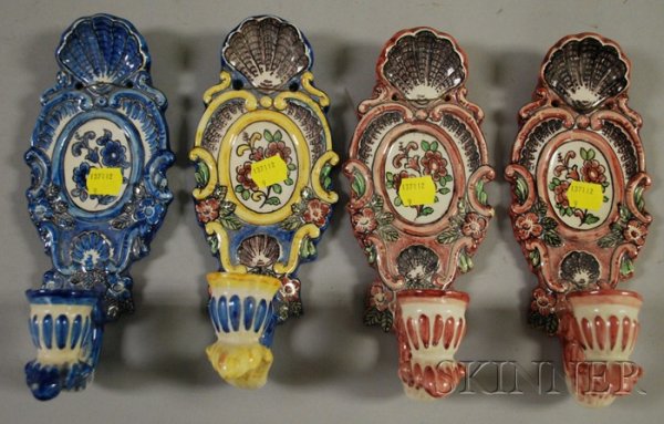 Four Small Portuguese Pottery Candle Wall Sconces,: Four Small Portuguese Pottery Candle Wall Sconces, one a matched pair and two additional, lg. 8 1/2 in.