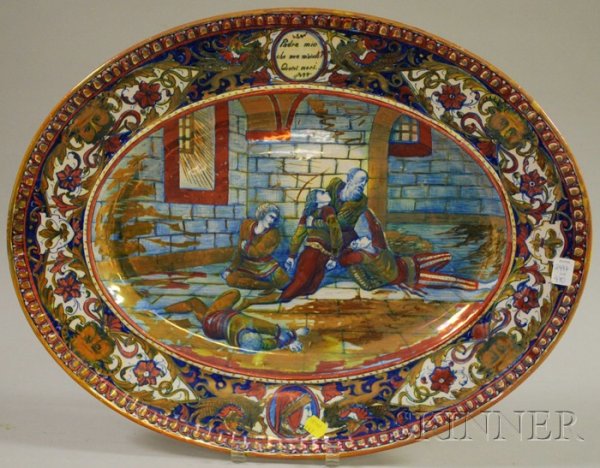 Large Italian Faience Serving Platter, early 20th: Large Italian Faience Serving Platter, early 20th century, signed "Prof. A. Santarelli", lg. 22, wd. 17 in.