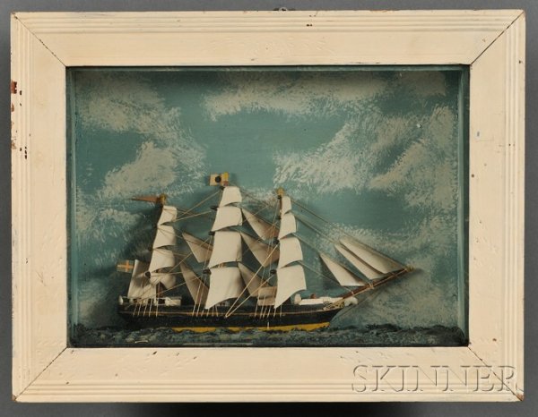 Ship Diorama, late 19th century, with painted sky : Ship Diorama, late 19th century, with painted sky and putty "sea,"with mitered wooden frame, overall ht. 12 3/4, wd. 16 5/8, dp. 3 1/2 in.