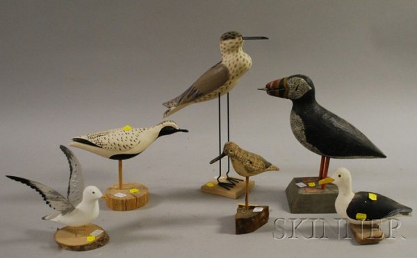 Six Carved and Painted Wooden Shorebird Carvings, : Six Carved and Painted Wooden Shorebird Carvings, including a puffin signed "Chris Colby, Kittery Pt., Maine," three assorted shorebirds, and two seagulls.
