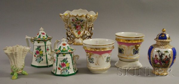 Seven Pieces of Assorted English and European Deco: Seven Pieces of Assorted English and European Decorated Ceramic Tableware, two Paris porcelain cache pots, a garniture vase, a Dresden covered urn, a Whieldon Kang Hsi pattern coffeepot and covered su