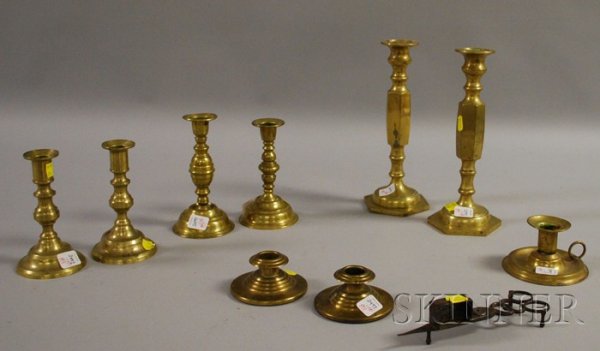 Three Pairs of Brass Candlesticks, a Chamberstick,: Three Pairs of Brass Candlesticks, a Chamberstick, a Pair of Brass Candleholders, and a Pair of Wick Scissors.