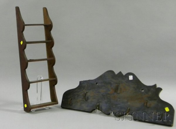 Blue-painted Wooden Game Wall Rack and a Small Re: Blue-painted Wooden Game Wall Rack and a Small Red-painted Pine Shelf, rack ht. 10 1/2, wd. 25 1/2, shelf ht. 23 1/2, wd. 8 in.