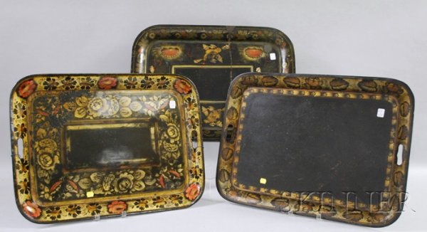 Three Painted and Stencil Decorated Tole Trays, lg: Three Painted and Stencil Decorated Tole Trays, lg. 24 to 24 1/2 in.