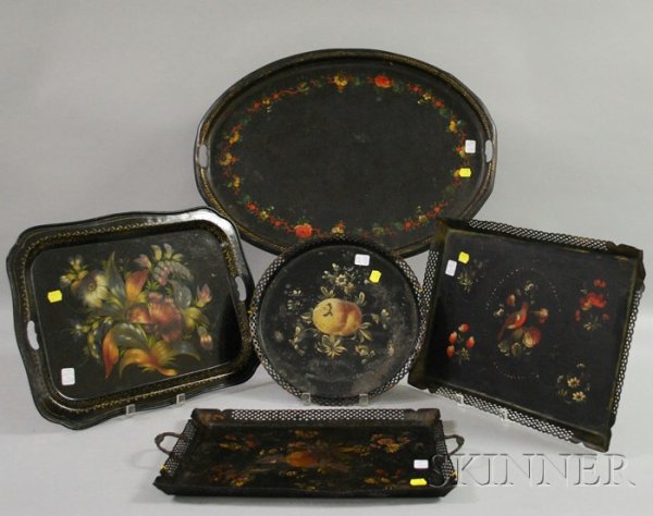 Five Painted and Decorated Tole Trays, lg. 12 1/4: Five Painted and Decorated Tole Trays, lg. 12 1/4 to 22 1/2 in.