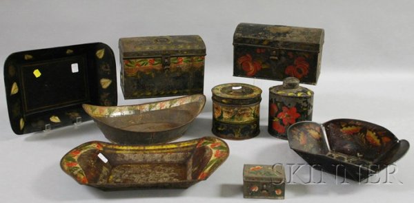 Nine Pieces of Assorted Polychrome Paint Decorate: Nine Pieces of Assorted Polychrome Paint Decorated Toleware, a cannister, tea caddy, four bread trays, a small box, and two dome-top boxes.