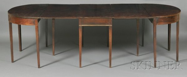 Regency Mahogany Extension Dining Room Table, wit: Regency Mahogany Extension Dining Room Table, with D-shaped ends and drop leaves to the center section, on square, molded legs, and plain frieze, two ht. 28 1/2, lg. 101, wd. 54 in.