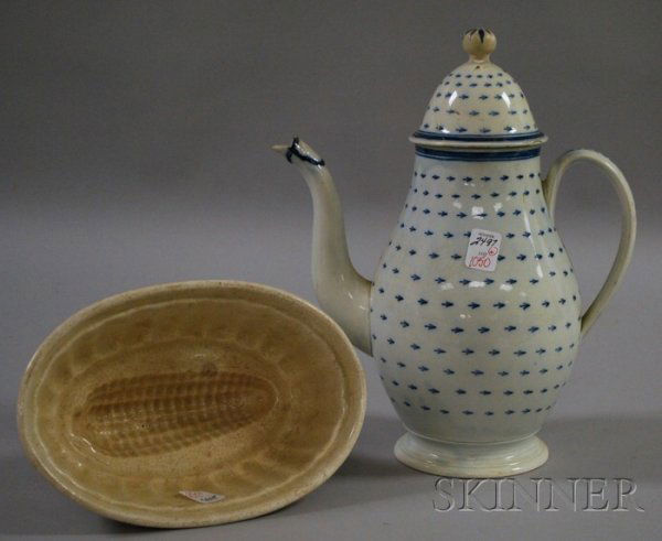 Pearlware Teapot and a Glazed Ceramic Culinary Mo: Pearlware Teapot and a Glazed Ceramic Culinary Mold with Ear of Corn.