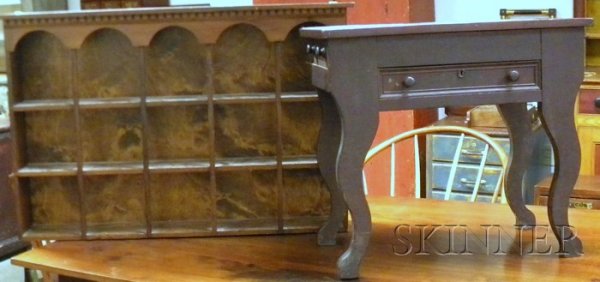 Five Wooden Furniture and Country Items, two Wind: Five Wooden Furniture and Country Items, two Windsor step-down rod-back side chairs, a wooden tray-top work stand with drawer, a pine slotted wall shelf, and a pine dovetail-constructed tool box.