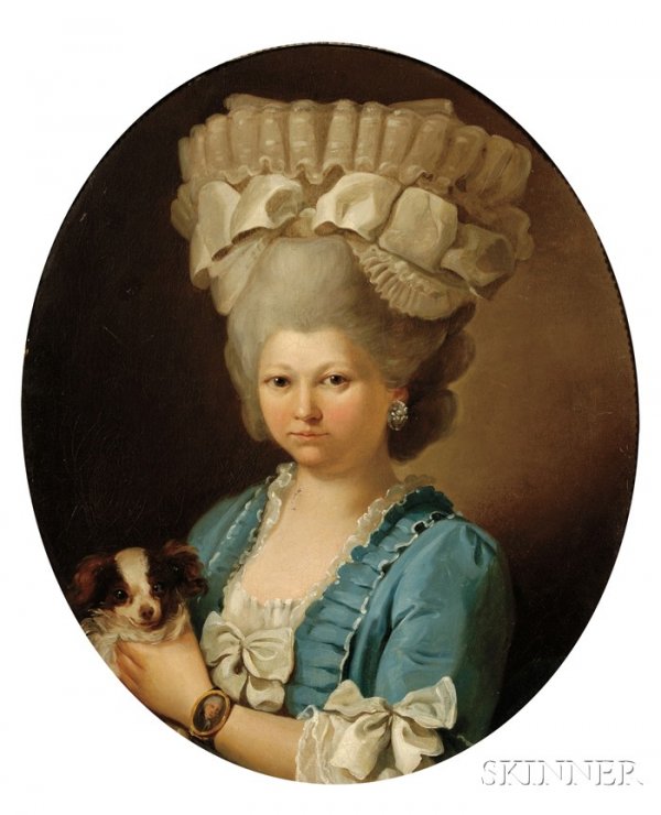 Continental School, 18th Century Style Young Woman : Continental School, 18th Century Style Young Woman with a King Charles Spaniel Unsigned. Oil on canvas, oval format 25 1/2 x 21 1/2 in. (64.8 x 54.6 cm), framed. Condition: Lined, retouch, losses, cra
