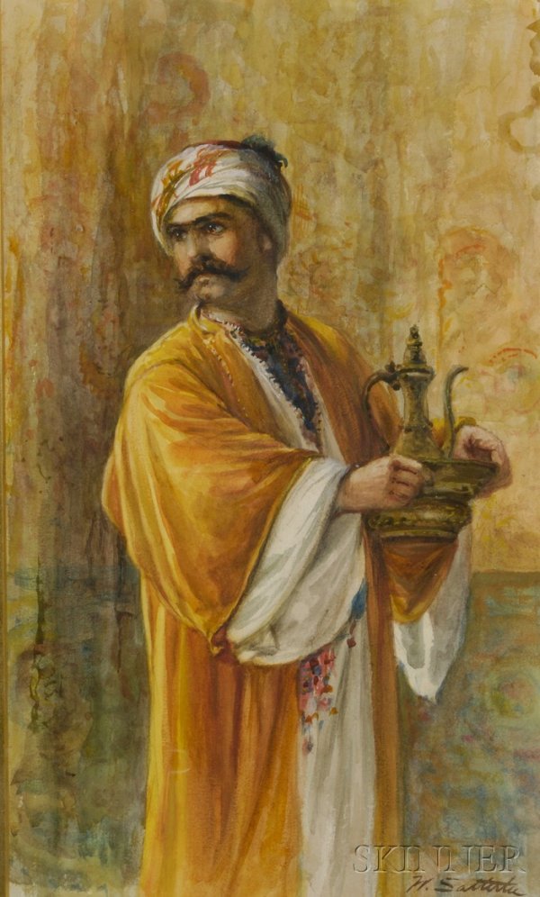 Walter Satterlee (American, 1844-1908) Arab Man wit: Walter Satterlee (American, 1844-1908) Arab Man with Ewer and Basin Signed "W. Satterlee" l.r. Watercolor on paper, sheet size 18 5/8 x 11 1/4 in. (47.4 x 28.6 cm), framed. Condition: Paper glued to m