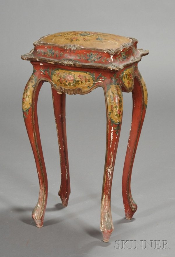 Venetian Rococo Style Polychrome Painted Work Tab: Venetian Rococo Style Polychrome Painted Work Table, with cushion-shaped hinged top opening to a well, with bombe sides and cabriole legs, decorated with foliage on a medium red ground, ht. 28 1/2, wd