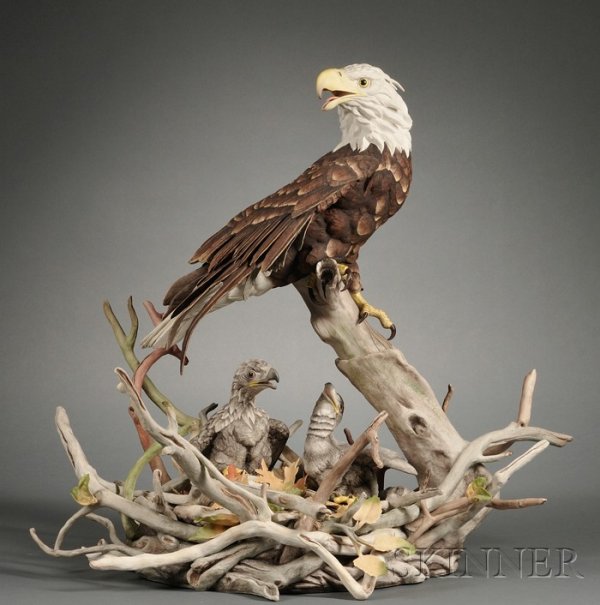 Boehm Porcelain American Bald Eagle Group, c. 1982: Boehm Porcelain American Bald Eagle Group, c. 1982, modeled in full color as an eagle perched on a branch over a nest of eaglets, manufactured in a limited edition as a celebration of the bicentennial