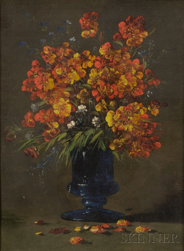 Continental School, 19th Century Flowers in a Blue: Continental School, 19th Century Flowers in a Blue Vase Unsigned, inscribed "Ribot fils" in ink on the back of the frame. Oil on canvas, 12 7/8 x 9 1/2 in. (32.4 x 24.3 cm), framed. Condition: Lined, 