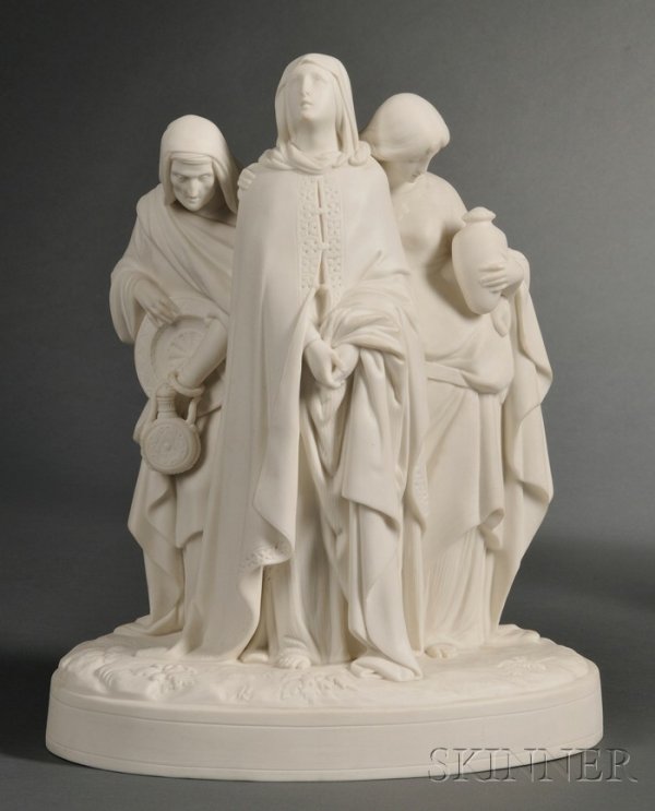Mintons Parian Figure Group "The Three Marys," Eng: Mintons Parian Figure Group "The Three Marys," England, 1866, modeled as three women in varying stages of life, mounted atop a raised oval base, impressed mark, ht. 13 1/2 in.