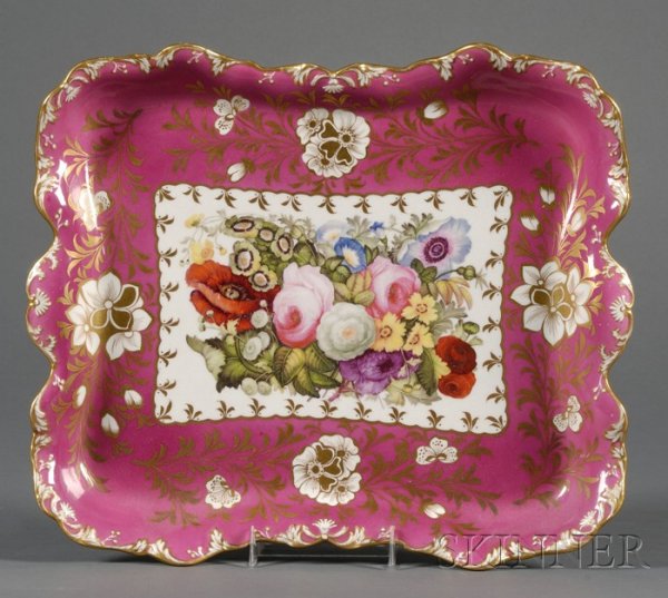 Spode Felspar Porcelain Tray, England, c. 1820, re: Spode Felspar Porcelain Tray, England, c. 1820, rectangular form with a shaped rim, wide pink/red ground border with gilded flowers surrounding a central cartouche of a polychrome enameled floral bouq