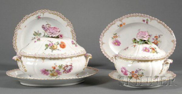 Eight KPM Porcelain Serving Pieces, Germany, 19th: Eight KPM Porcelain Serving Pieces, Germany, 19th century, each with gilt trim and polychrome enamel decorated with flowers, including two circular shaped tureens and covers, lg. 11 1/4 in.; with two