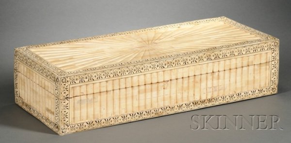 Bone Document Box, 19th century, rectangular shape: Bone Document Box, 19th century, rectangular shape with hinged lid, black decorated inscribed foliate borders, lg. 26 3/8 in.