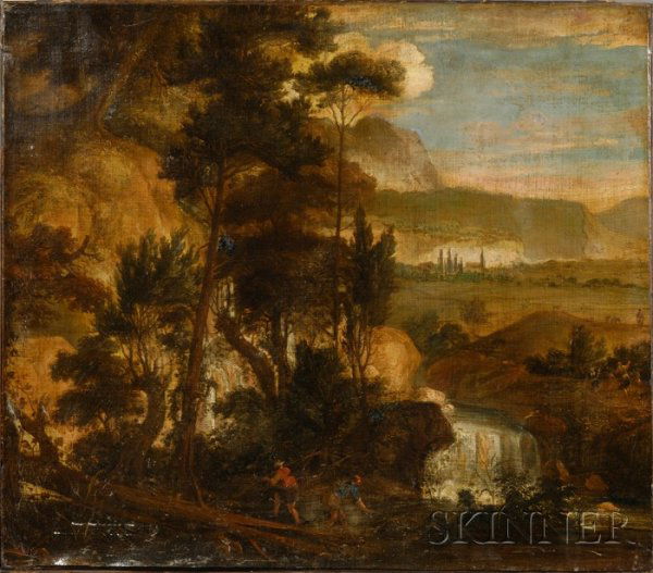 Dutch School, 17th Century Landscape with Fisherfo: Dutch School, 17th Century Landscape with Fisherfolk Unsigned. Oil on canvas, 35 x 39 3/4 in. (88.9 x 101.0 cm), unframed, partial strip molding to tacking edge. Condition: Lined with additional patch
