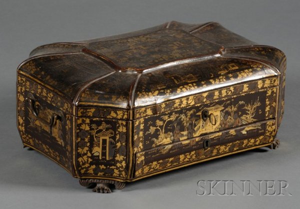 Chinese Export Lacquer Sewing Box, China, 19th cen: Chinese Export Lacquer Sewing Box, China, 19th century, paneled sides gold and enamel decorated with figures in courtyard settings, compartmented interior with numerous carved ivory accessories, lg. 1