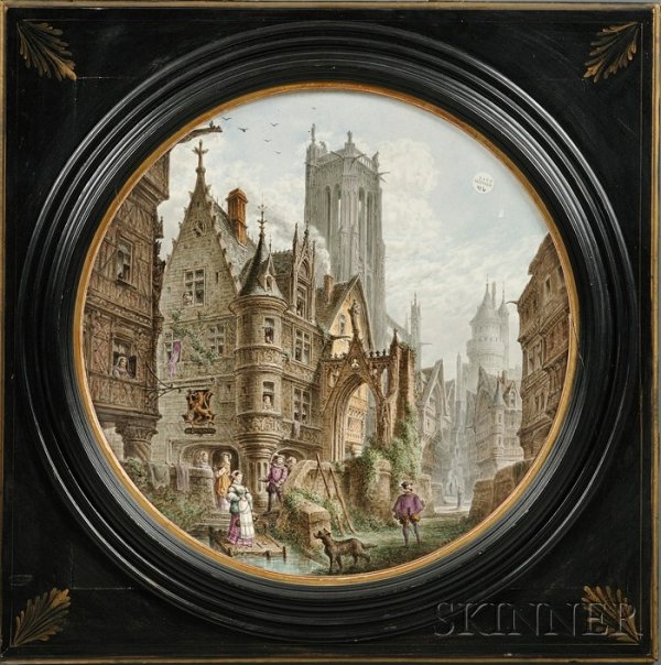 Hand-painted Earthenware Charger, Continental, 19t: Hand-painted Earthenware Charger, Continental, 19th century, an Elizabethan scene with figures and architecture, artist signed A. Chaignon, dia. 20; set in an ebonized wood frame, lg. 27 in.