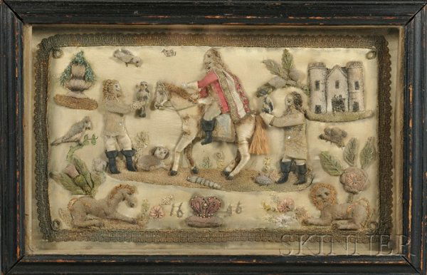 Framed Stumpwork Picture, England, 19th century, r: Framed Stumpwork Picture, England, 19th century, rectangular format with man on horseback centering falconers, a lion and unicorn at either corner, dated 1646 by a crown, overall 12 3/4 x 19 1/4 in.