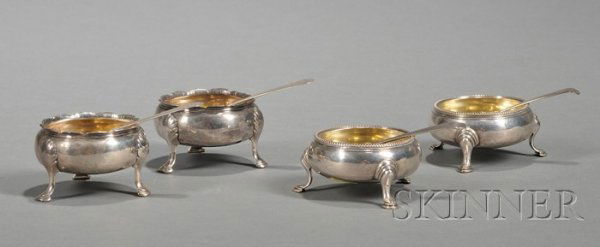 Two Pairs of George III Open Salts, London, one pa: Two Pairs of George III Open Salts, London, one pair 1767, makers' mark AN ?H, with beaded rim and three pad feet, monogrammed to underside, the other pair with rubbed marks, likely 1756, with ogee ri
