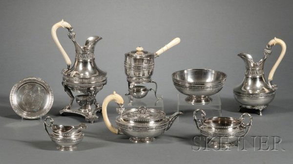 Fine Eight-Piece George III Silver Tea and Coffee: Fine Eight-Piece George III Silver Tea and Coffee Service, London, 1808-09, Benjamin and James Smith, makers, comprising round teapot with flat lid and entwined snake finial, one flaring flatleaf base
