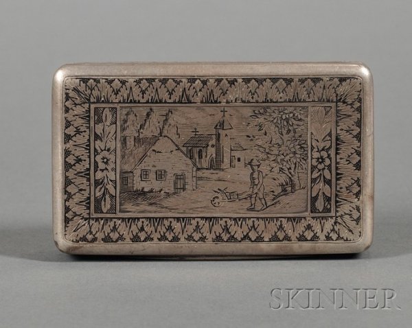 Austro-Hungarian Silver and Niello Snuff Box, Prag: Austro-Hungarian Silver and Niello Snuff Box, Prague, c. 1820s, rectangular, the lid with scene of a farmer pushing a wheelbarrow down a town lane within foliate and leaftip borders, circles to sides,