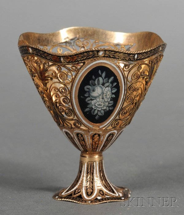 Continental Gold and Enamel Egg Cup, late 19th cen: Continental Gold and Enamel Egg Cup, late 19th century, conical, with scalloped rim, the sides constructed with three black and white enamel floral roundels, joined with delicate beaded wire scrollwor