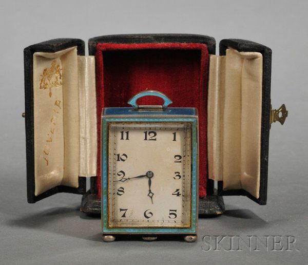 Swiss Silver and Enamel Miniature Timepiece with C: Swiss Silver and Enamel Miniature Timepiece with Case, early 20th century, Juvenia, makers, rectangular, with lifting handle to top, on flattened ball feet, with sky blue basse taille enameling to top