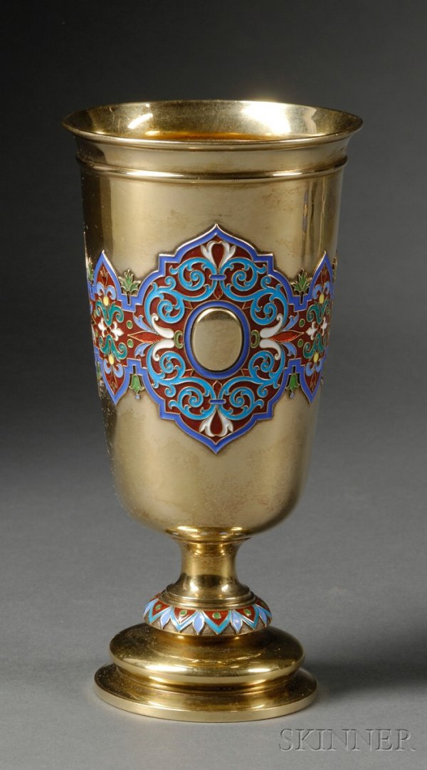 Russian Gold-washed Silver and Cloisonne Enamel Go: Russian Gold-washed Silver and Cloisonne Enamel Goblet, St. Petersburg, pre-1896, Grachev, makers, with Imperial Warrant mark, the heavy tapered conical bowl with slightly flaring rim, applied with mu