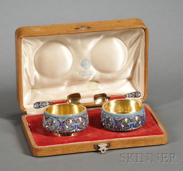 Cased Set of Russian Silver and Enamel Salt Cellar: Cased Set of Russian Silver and Enamel Salt Cellars, St. Petersburg, late 19th century, maker's mark NA, round, with slightly tapering sides, with scrolling multicolored cloisonne enamel, on low foot,