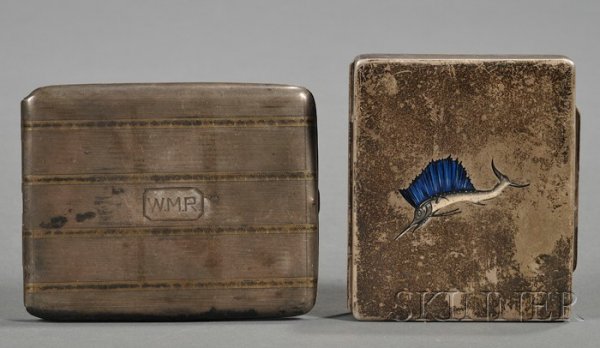 Two Sterling Cigarette Cases, early 20th century, : Two Sterling Cigarette Cases, early 20th century, a Thomae Co. case with engraved and lacquered depiction of a marlin to the lid, lg. 3 1/2, and a line-engraved case with 18kt yellow gold applied band