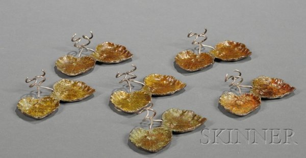 Set of Six Cartier Artist-Designed Sterling and En: Set of Six Cartier Artist-Designed Sterling and Enamel Leaf-form Place Card Holder/ Salt Cellars, signed by Emilio Maraffi, 20th century, formed as two conjoined shells with twisted wire stems, the to