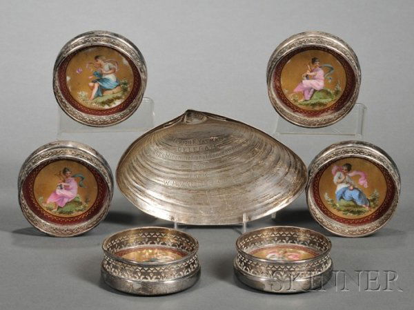 Seven Decorative Sterling and Silver Plate Tablewa: Seven Decorative Sterling and Silver Plate Tablewares, 20th century, comprising a set of six silver plate and Vienna-style porcelain coasters, with pierced galleries around porcelain inserts enamel de