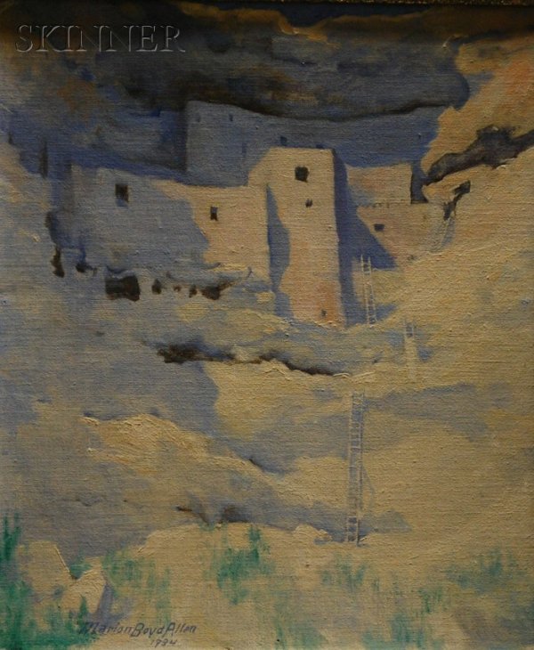 Marion Boyd Allen (American, 1862-1941) Montezuma C: Marion Boyd Allen (American, 1862-1941) Montezuma Castle Signed and dated "Marion Boyd Allen/1934" l.l., titled and inscribed on the reverse, oil on canvasboard, 14 x 12 in., framed. Conditio