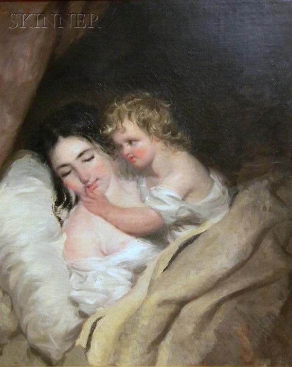 Manner of Thomas Sully (American, 1783-1872) Sleepi: Manner of Thomas Sully (American, 1783-1872) Sleeping Mother Awakened by a Child Unsigned, oil on canvas, 30 x 25 in., framed. Condition: Lined, retouch, stretcher bar marks, craquelure.