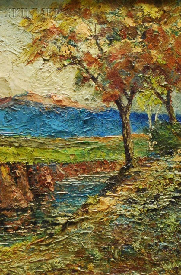 American School, 20th Century View of a Tree by a R: American School, 20th Century View of a Tree by a River Unsigned. Oil on canvas, 12 x 8 in., framed. Condition: Craquelure.