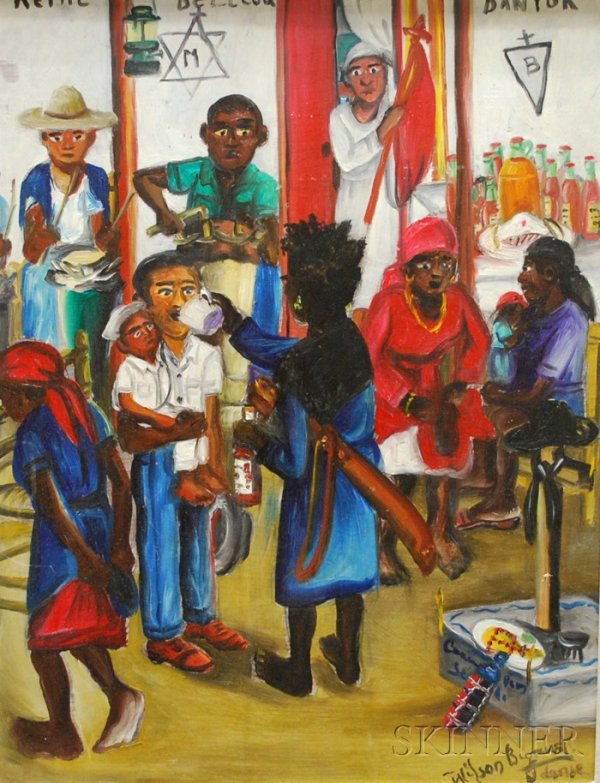 Wilson Bigaud (Haitian, b. 1929) Voodoo Scene Sign: Wilson Bigaud (Haitian, b. 1929) Voodoo Scene Signed and inscribed "Wilson Bigaud..." l.r. Oil on artistboard, 24 x 18 in., framed. Condition: Good.